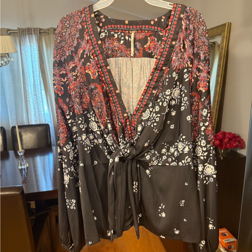 Free People Black and Red Floral Blouse